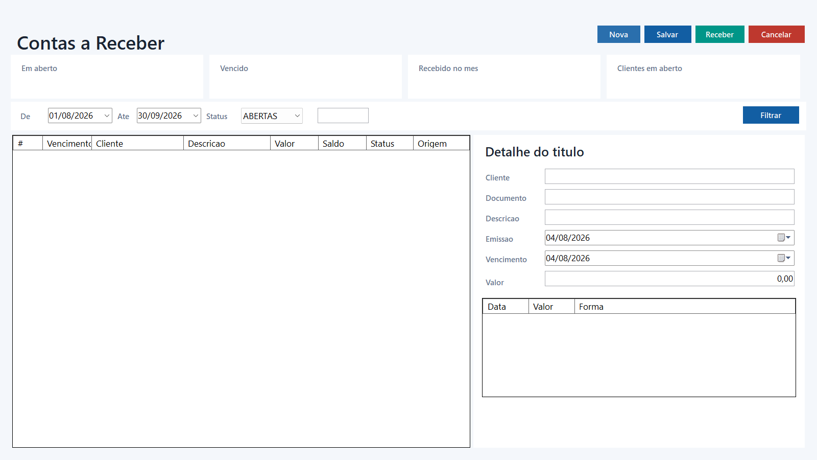 Tela completa de contas a receber